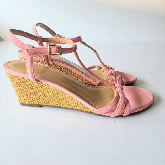 Talbots Shell Coral Pink Genuine Suede Royce T-Strap Kitten Wedge Heel Sandals 7 - Picture 2 of 10